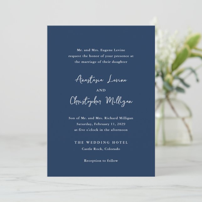 Elegant Navy Blue Clean Wedding Invitation (Standing Front)
