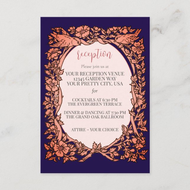 Elegant Navy Blue Copper Floral Wedding Reception Enclosure Card (Front)