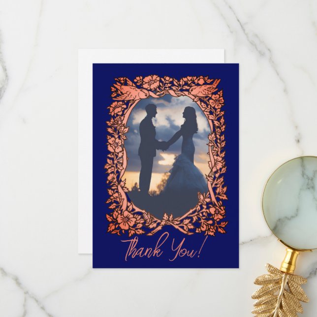 Elegant Navy Blue Copper Rose Gold Wedding Photo Thank You Card (Front/Back In Situ)