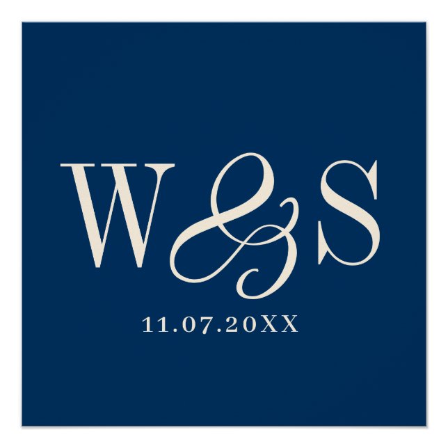 Elegant navy blue couple initials wedding poster (Front)