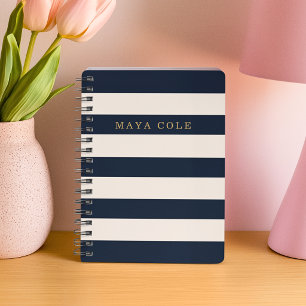 Elegant Navy Blue Cream Stripes Custom Name Ruled Notebook