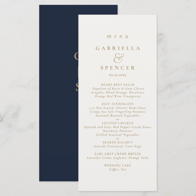 Elegant Navy Blue Cream Wedding Menu (Front/Back)