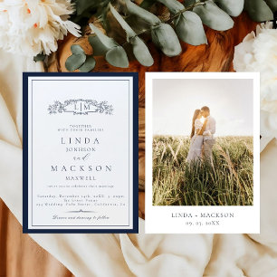 Elegant Navy blue Crest Monogram Wedding  Invitation