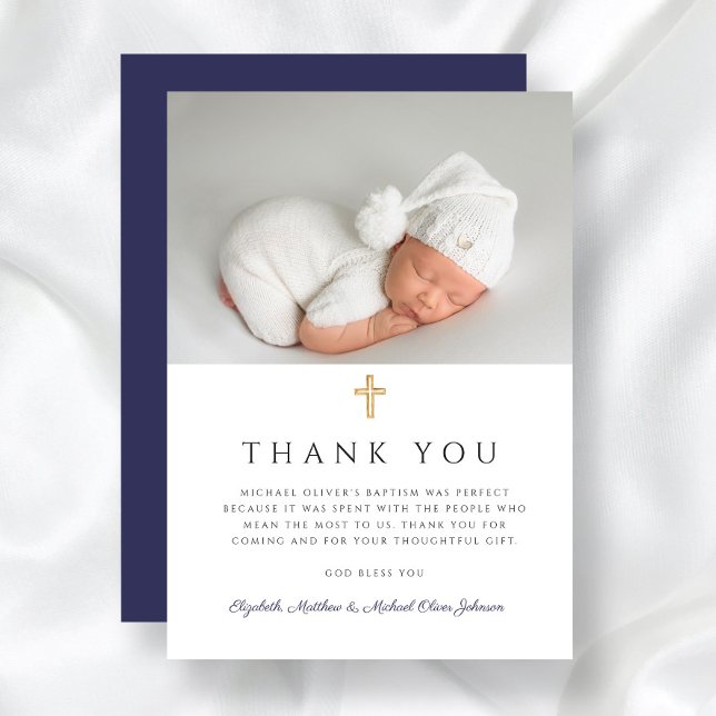 Elegant Navy Blue Cross Boy Baptism Photo Thank You Card (Elegant Navy Blue Cross Boy Baptism Photo Thank You Card)