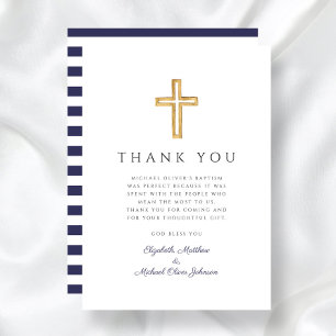 Elegant Navy Blue Cross Boy Baptism Thank You Card