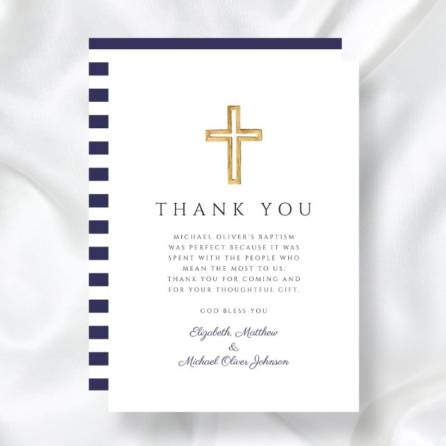 Elegant Navy Blue Cross Boy Baptism Thank You Card (Elegant Navy Blue Cross Boy Baptism Thank You Card)