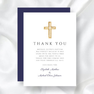 Elegant Navy Blue Cross Boy Baptism Thank You Card