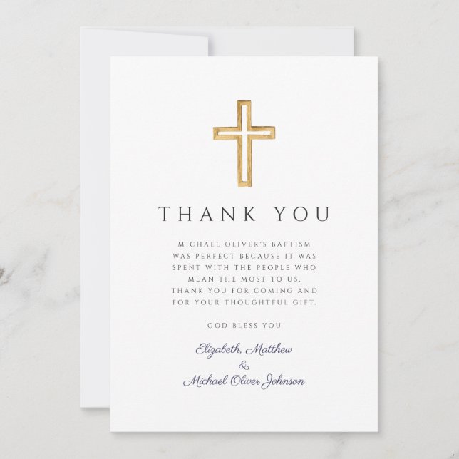 Elegant Navy Blue Cross Boy Baptism Thank You Card (Front)