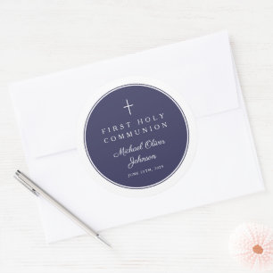 Elegant Navy Blue Cross Boy First Communion Classic Round Sticker