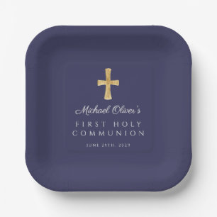 Elegant Navy Blue Cross Boy First Communion Paper Plate