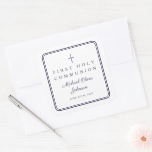 Elegant Navy Blue Cross Boy First Communion  Square Sticker