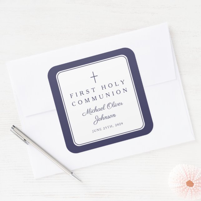 Elegant Navy Blue Cross Boy First Communion  Square Sticker (Envelope)