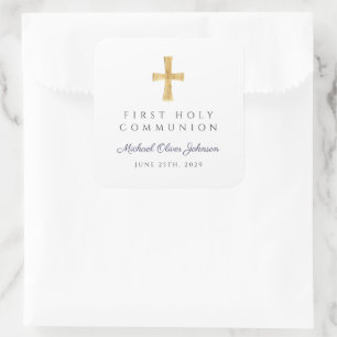 Elegant Navy Blue Cross Boy First Communion  Square Sticker