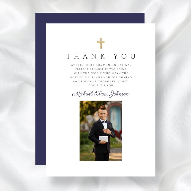 Elegant Navy Blue Cross Boy First Communion Thank You Card (Elegant Navy Blue Cross Boy First Communion Thank You Card)