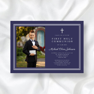 Elegant Navy Blue Cross Photo Boy First Communion Invitation
