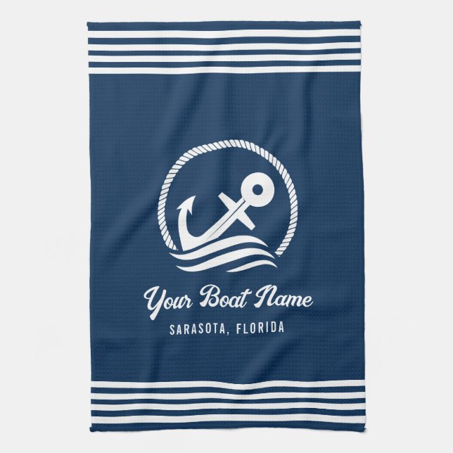 Elegant Navy Blue Custom Boat Name Anchor Tea Towel (Vertical)