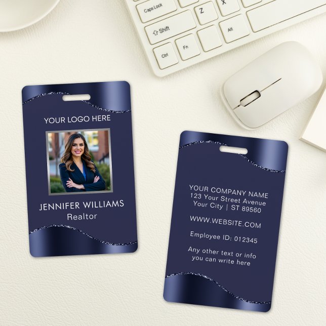 Elegant Navy Blue Custom Employee Photo Company ID Badge (Creator Uploaded)