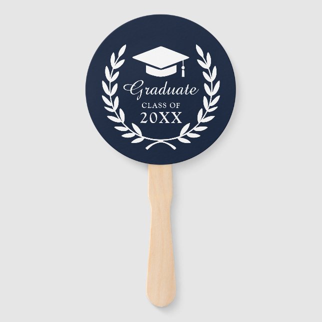 Elegant Navy Blue Custom Grad Year Laurel Wreath Hand Fan (Front)