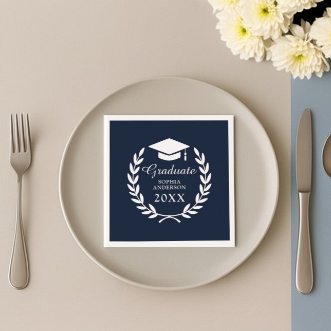 Elegant  Navy Blue Custom Name Graduation Emblem Napkin (Creator Uploaded)