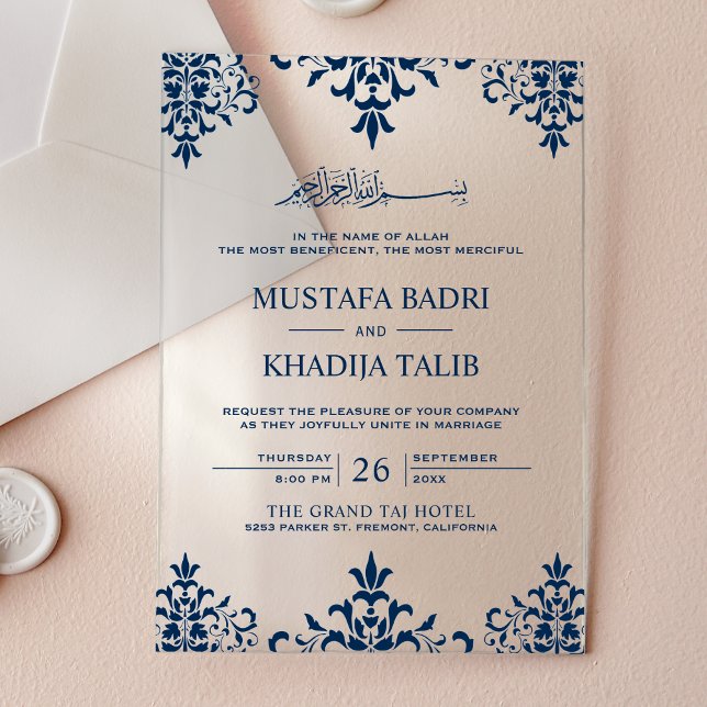 Elegant Navy Blue Damask Islamic Wedding Acrylic Invitations (Creator Uploaded)