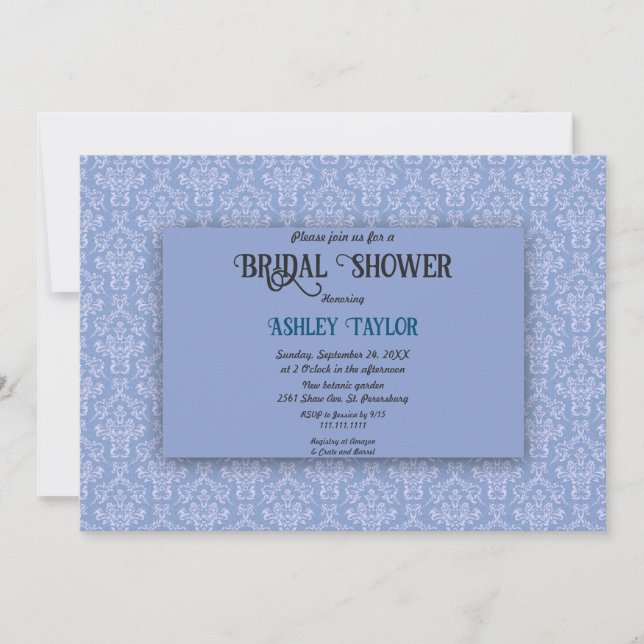 Elegant Navy Blue Damask Script Bridal Shower Invitation (Front)