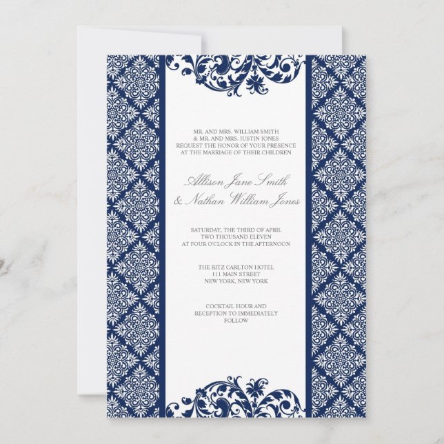 Elegant Navy Blue Damask Wedding Invitation (Front)