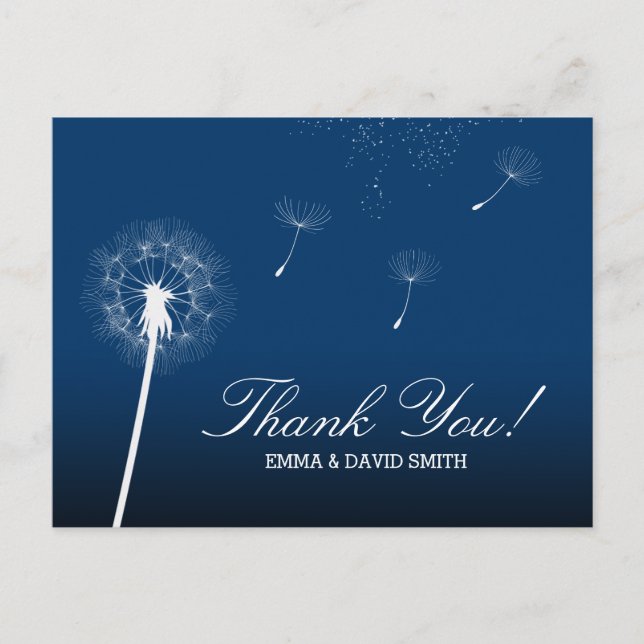 Elegant Navy Blue Dandelion Blowing Thank You Postcard (Front)