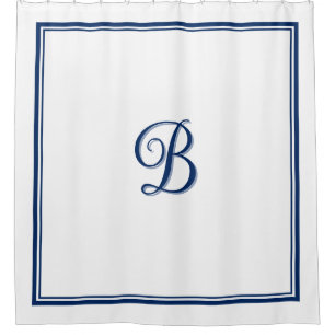 Elegant Navy Blue Double Border Script Monogram  Shower Curtain