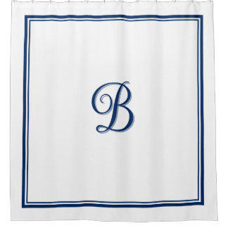 Elegant Navy Blue Double Border Script Monogram  Shower Curtain