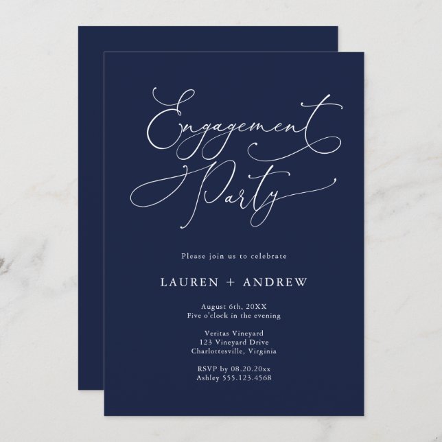 Elegant Navy Blue Engagement Party Invitation (Front/Back)