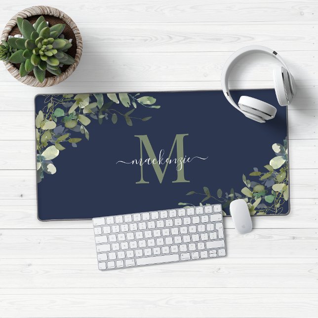 Elegant Navy Blue Eucalyptus Botanical Monogram Desk Mat (Navy Blue Eucalyptus Monogram Desk Mat Mouse Pad)