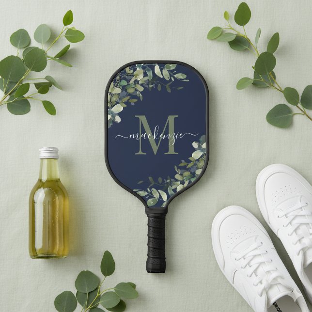 Elegant Navy Blue Eucalyptus Botanical Monogram Pickleball Paddle (Elegant Navy Blue Eucalyptus Botanical Monogram Pickleball Paddle)