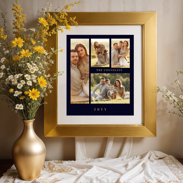 Elegant Navy Blue & Fake Classic 4 Muli Photos Poster (Elegant Navy Blue & Fake Gold Simple Classic 4 Multi Photos Collage Family Poster.)