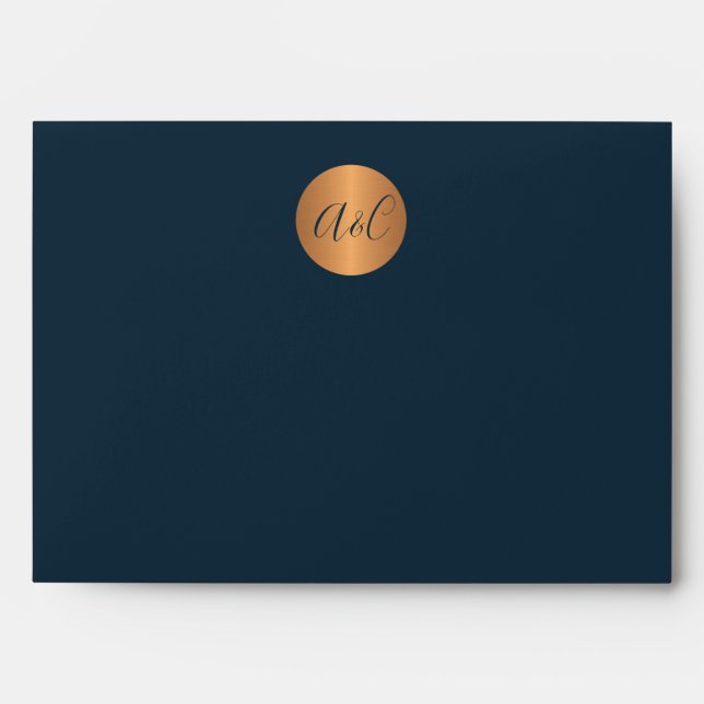 Elegant navy blue faux copper gold monogrammed envelope (Front)