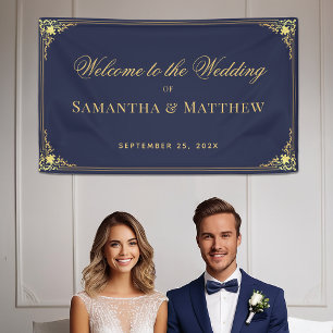Elegant Navy Blue Faux Gold Ornate Wedding Welcome Banner