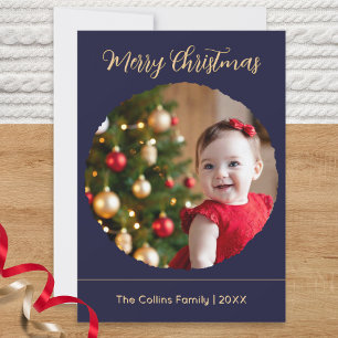 Elegant Navy Blue Faux Gold Script Photo Christmas Holiday Card
