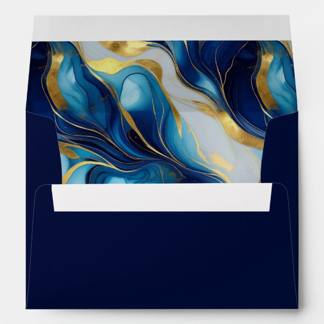 Elegant Navy Blue Faux Marbled Wedding Envelope (Back (Bottom))