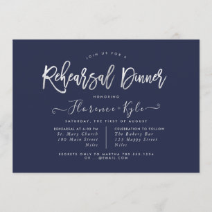 Elegant Navy Blue+Faux Silver Rehearsal Dinner Invitation