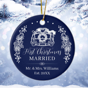 Elegant Navy Blue First Christmas Married Car Ceramic Ornament