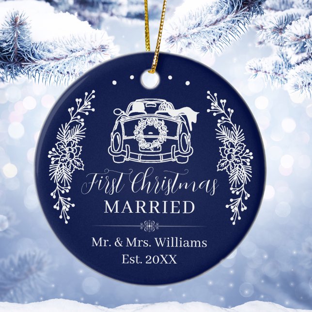 Elegant Navy Blue First Christmas Married Car Ceramic Ornament (Elegant Navy Blue First Christmas Married Car Ceramic Ornament
)