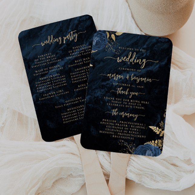 Elegant Navy Blue Floral Agate Wedding Program Hand Fan (Creator Uploaded)