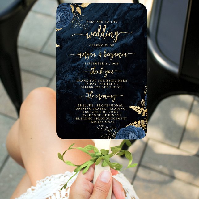 Elegant Navy Blue Floral Agate Wedding Program Hand Fan (Creator Uploaded)