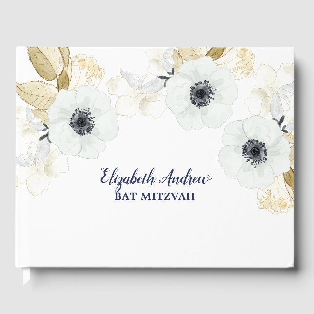 Elegant Navy Blue Floral Bat Mitzvah Guest Book (Front)