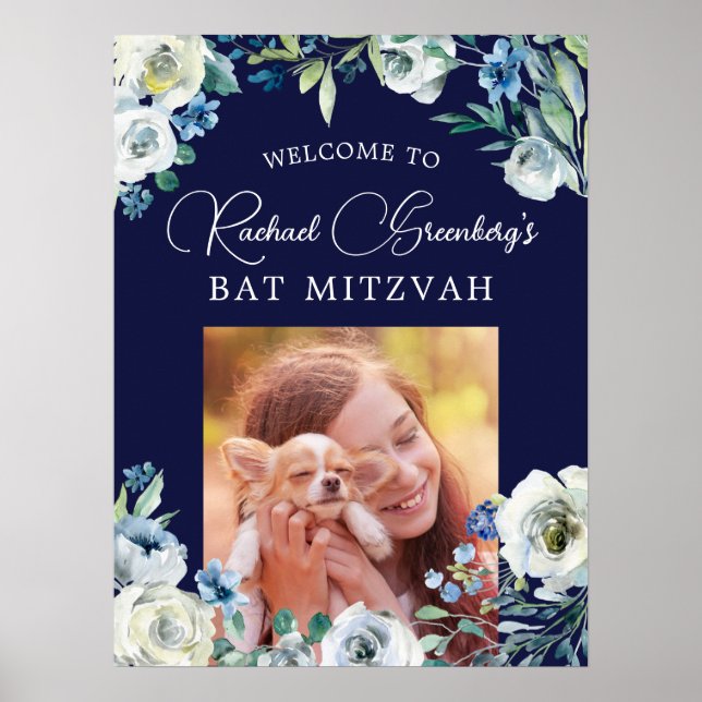 Elegant Navy Blue Floral Bat Mitzvah Welcome Poster (Front)
