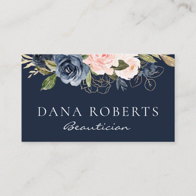 Elegant navy blue floral beautician business card (Front)