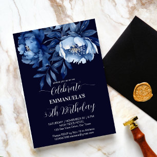 Elegant navy blue floral birthday party template