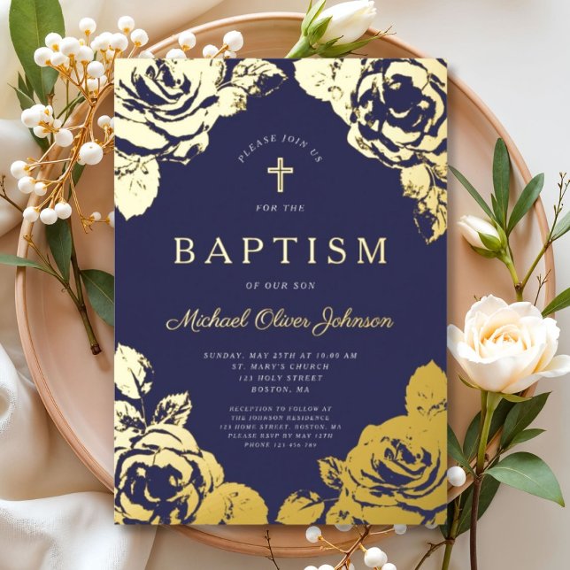 Elegant Navy Blue Floral Boy Baptism Gold (Elegant Navy Blue Gold Floral Boy Baptism Foil Invitation)