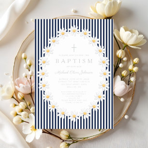 Elegant Navy Blue Floral Boy Baptism Invitation