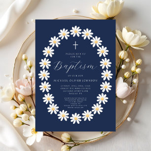 Elegant Navy Blue Floral Boy Baptism Invitation