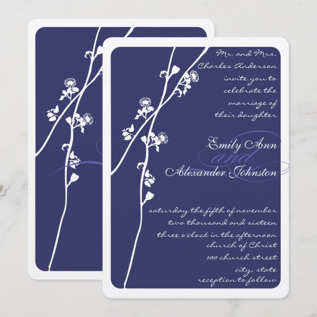Elegant Navy Blue Floral Branch Wedding Invitation (Front/Back)